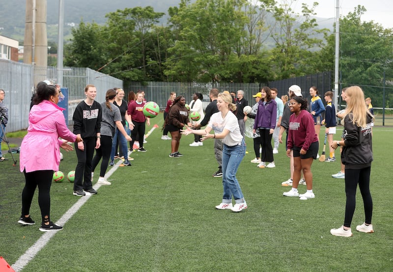 Students taking part in the Gaelic games activities at St Mary's University. Picture by Mal McCann