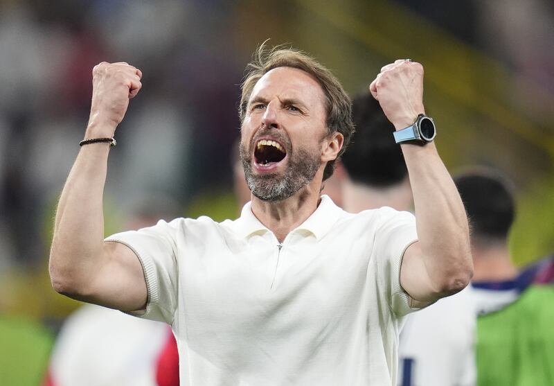 England manager Gareth Southgate celebrates his side’s win in the Uefa Euro 2024 semi-final against the Netherlands at the BVB Stadion Dortmund