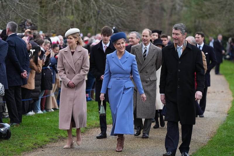 Lady Louise Windsor, the Duchess of Edinburgh and Vice Admiral Sir Tim Laurence, followed by the Earl of Wessex and the Duke of Edinburgh