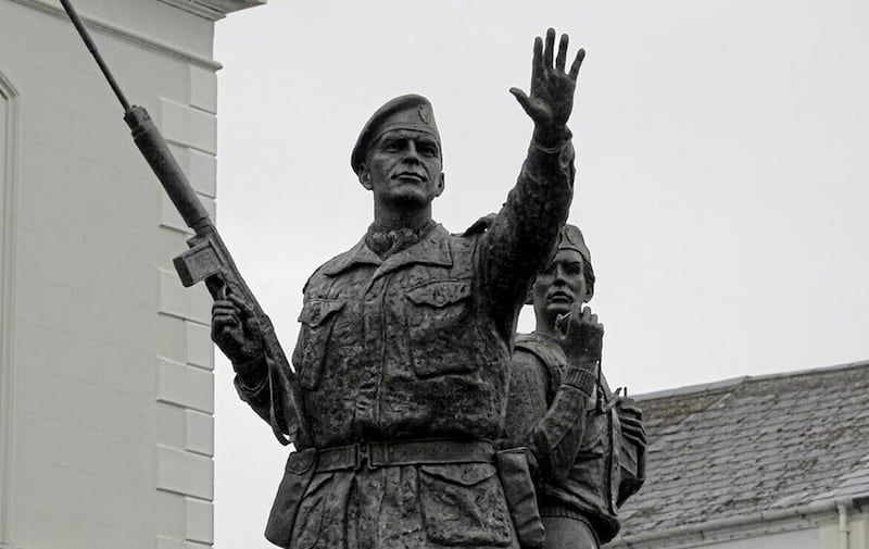 A memorial statue of a UDR 'Greenfinch' and a male regiment member was erected in Lisburn in 2011