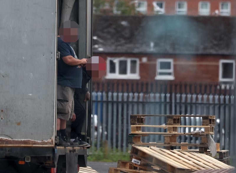 Wooden pallets being delivered to a bonfire site near Sandy Row in south Belfast NO BYLINE