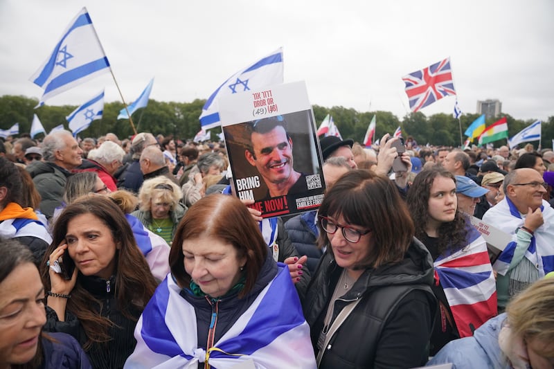 Thousands gathered in London’s Hyde Park on Sunday for an event commemorating the October 7 attacks on Israel