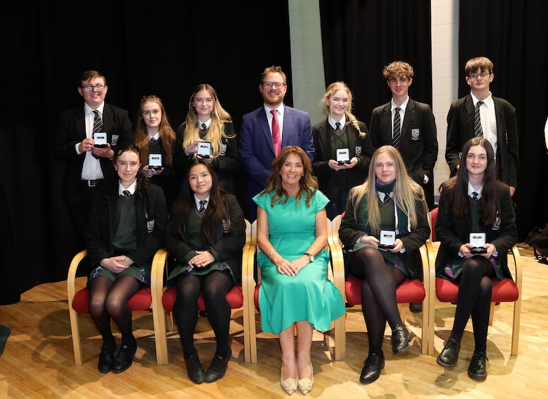 Sean Pettis CEO of the Council for Integrated Education pictured with pupils and Principal of New-Bridge Integrated College Anne Anderson. PICTURE: DECLAN ROUGHAN