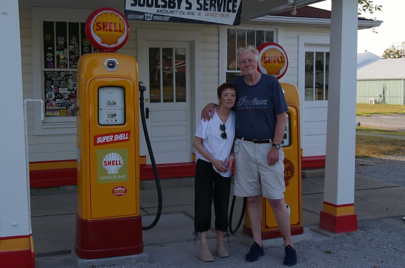 Geoff and Cate outside Soulsby's Service in Mount Olive, Illinois