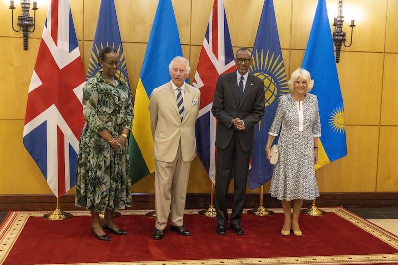 Charles and Camilla pictured in 2022 meeting the President of Rwanda Paul Kagame and his wife Jeannette in Kigali, as Rwanda hosted the Commonwealth summit (Ian Vogler/Daily Mirror)