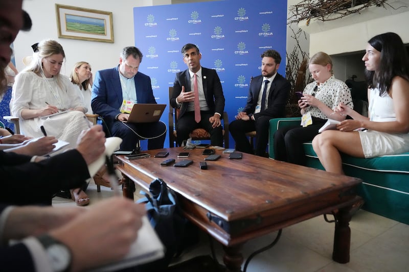 Prime Minister Rishi Sunak talks to media at the G7 summit at the Borgo Egnazia resort, in Puglia, Apulia, Italy