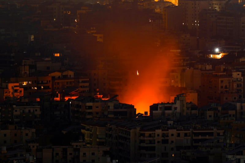 Smoke and fire rise from the site of an Israeli airstrike in Dahiyeh, Beirut, Lebanon on Friday Hassan Ammar/AP)