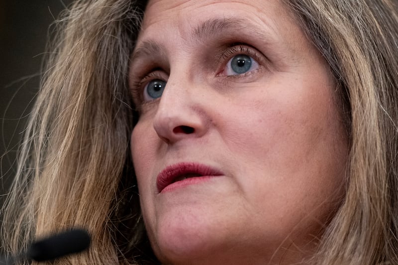 Chrystia Freeland delivers remarks on Parliament Hill in Ottawa, Ontario (Spencer Colby/AP)