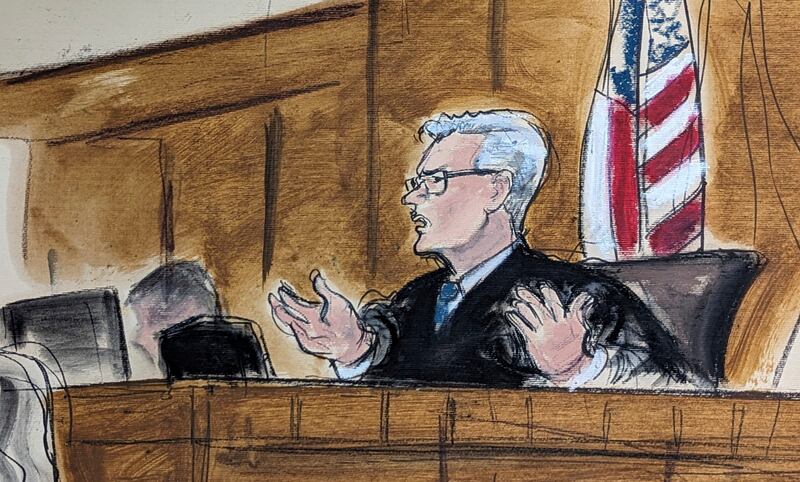 Court sketch of Judge Juan Manuel Merchan, who set Trump’s trial date for the end of March (Elizabeth Williams via AP)