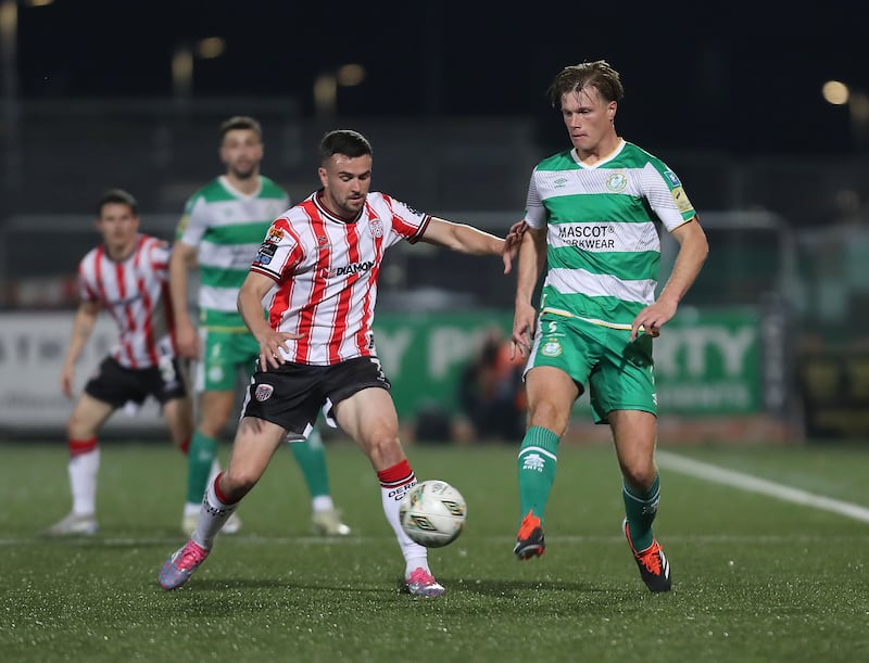 Derry City Michael Duffy with Dan Cleary of Shamrock Rovers at the Brandywell on Friday night