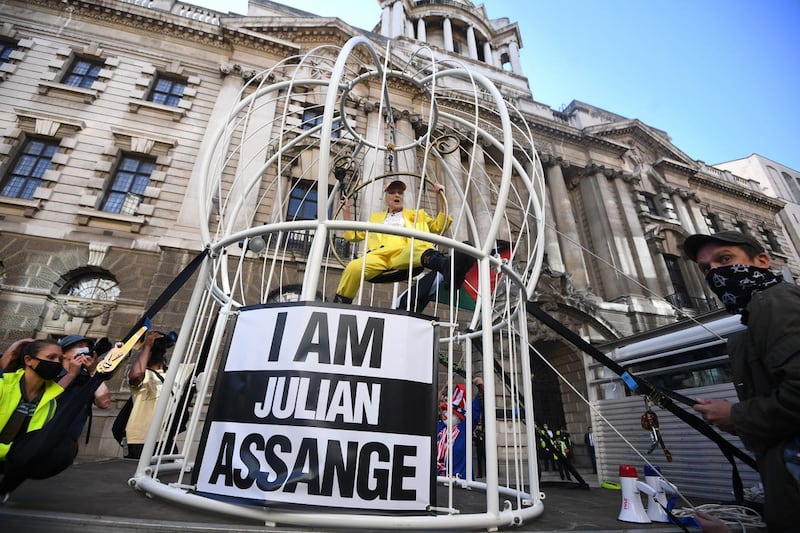 Julian Assange’s high-profile supporters included the late fashion designer Dame Vivienne Westwood, who was suspended in a 10ft high bird cage outside the Old Bailey in London to protest against his extradition