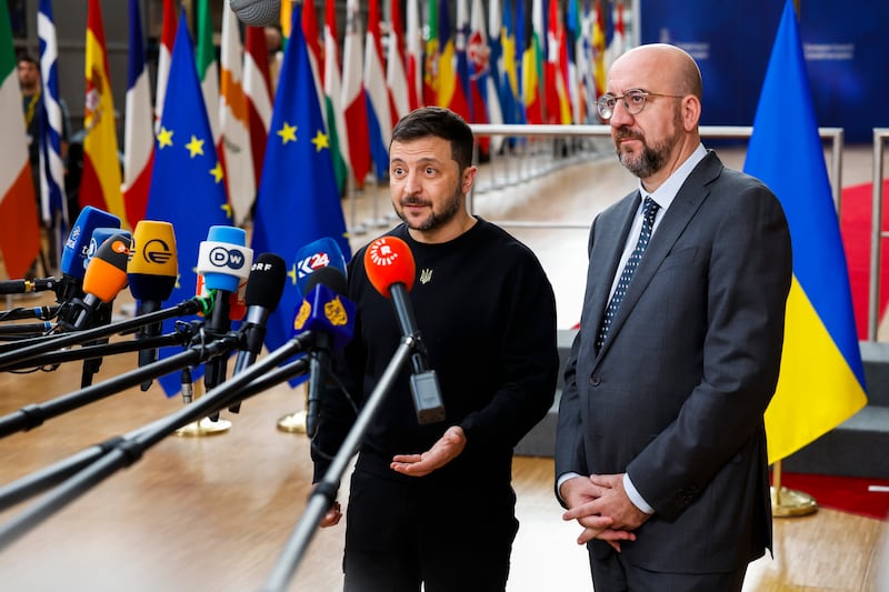 Ukrainian president Volodymyr Zelensky, left, was meeting European Union leaders to discuss his ‘victory plan’ (Geert Vanden Wijngaert/AP)