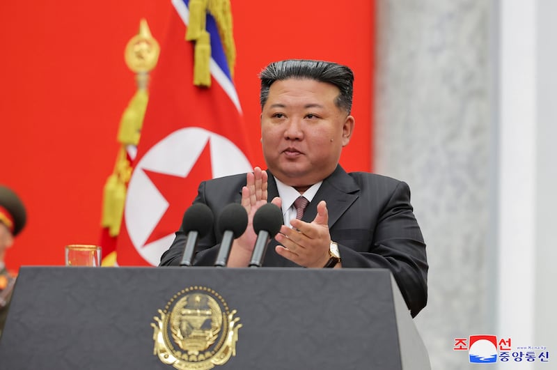 Kim Jong Un delivers a speech marking the 77th founding anniversary of the Korean People’s Army at the defence ministry in Pyongyang (Korean Central News Agency/Korea News Service via AP)