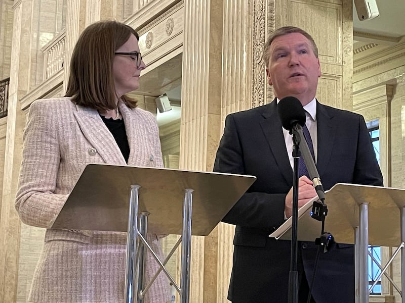 Stormont Finance Minister Caoimhe Archibald and Irish Minister of Finance Michael McGrath spoke to media in the Great Hall at Parliament Buildings, Stormont