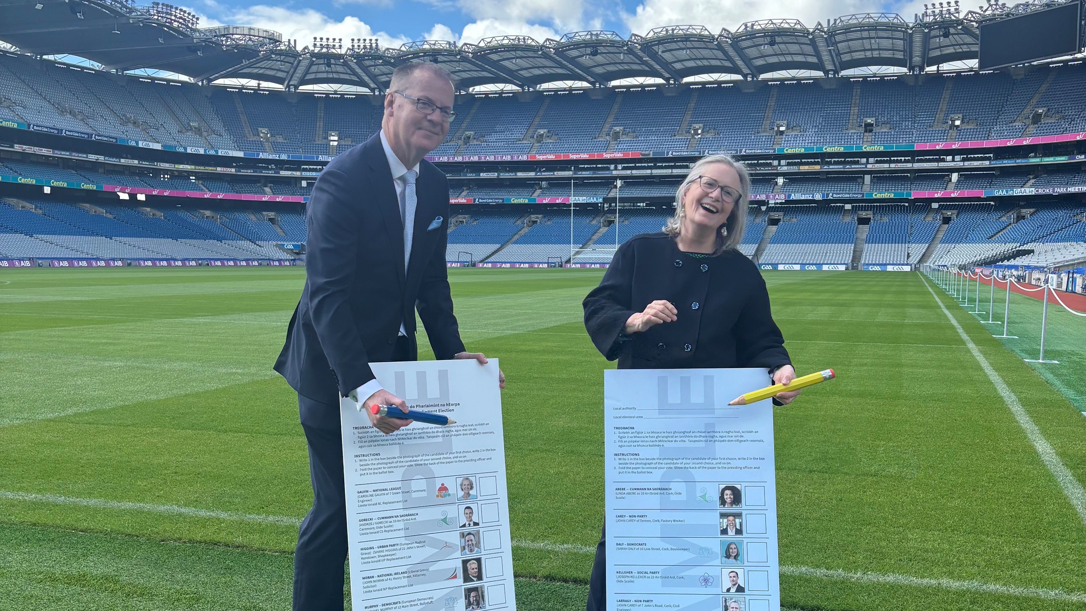 An Coimisiun Toghchain chair Ms Justice Marie Baker and chief executive Art O’Leary at Croke Park