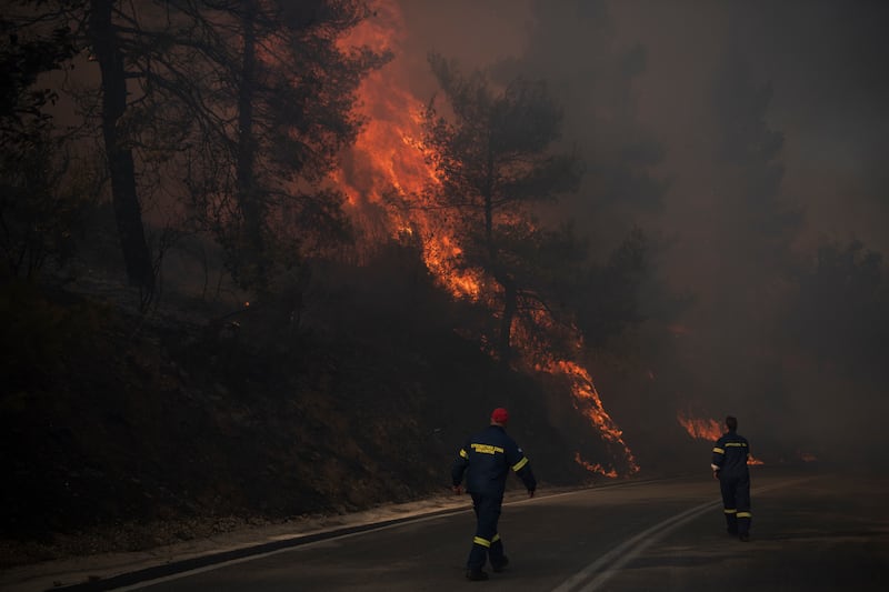 Firefighters inspect flames near a road in Varnava village (Michael Varaklas/AP)