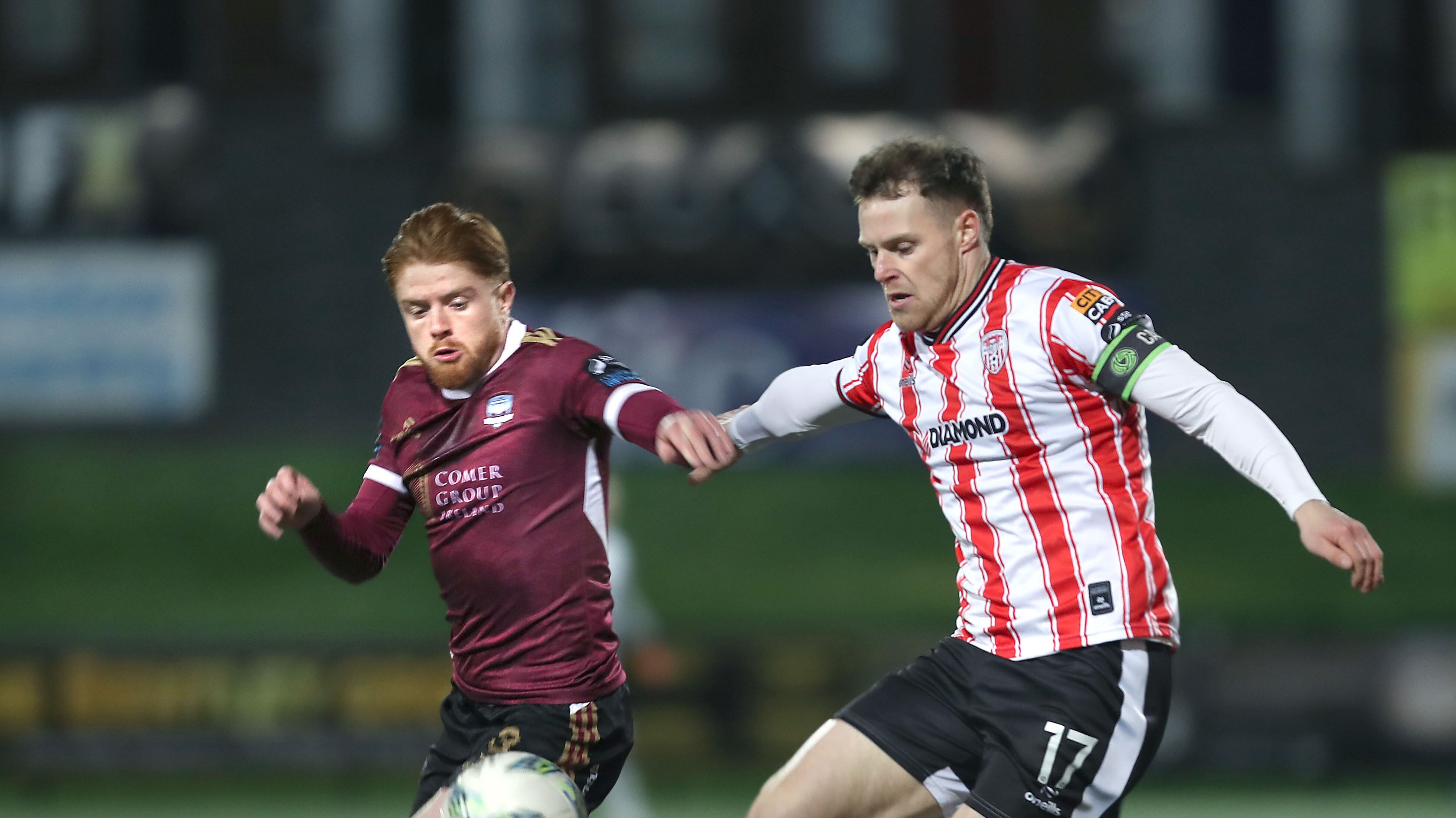 Derry City Cameron McJannet with Aodh Dervin of Galway United at the Brandywell on Friday night. Picture Margaret McLaughlin  29-3-2024