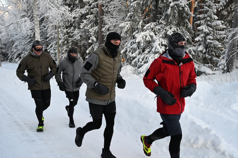 Jason Fox, Aldo Kane, Brian Wood MC and Karl Hinett training in northern Sweden