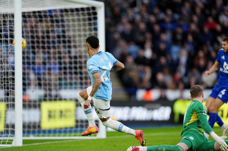 Manchester City’s Savinho scores the opening goal