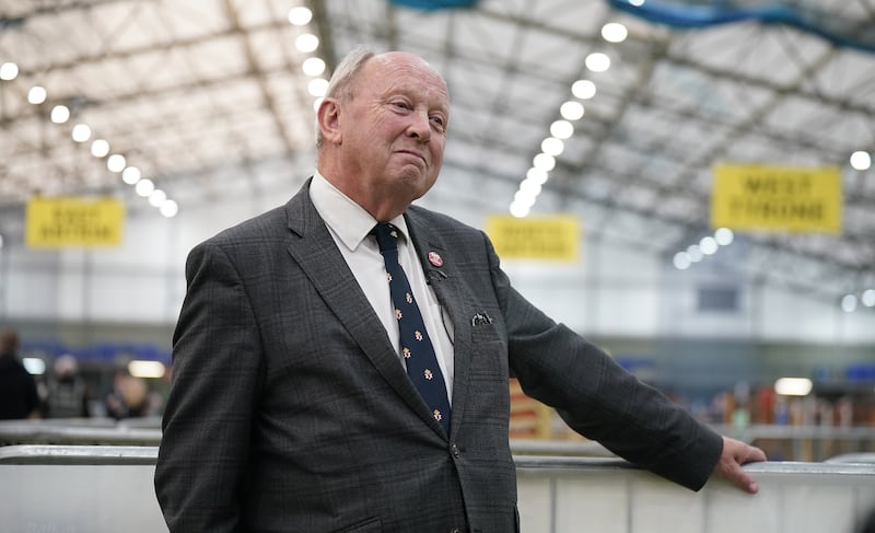 Jim Allister taking to the media at Meadowbank Sports Arena, Magherafelt, during the count for the 2024 General Election