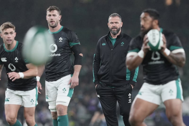 Head coach Andy Farrell, centre right, watches the warm-up ahead of Ireland’s defeat to New Zealand