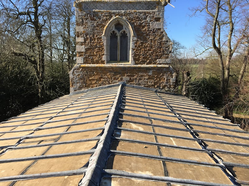 The roof of St Denys church in Goadby Marwood, Leicestershire, that was stripped of lead.