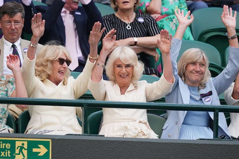 The Queen, her sister Annabel Elliot (left) and Debbie Jevans, chair of the All England Lawn Tennis Club, enjoying the atmosphere at Wimbledon last week