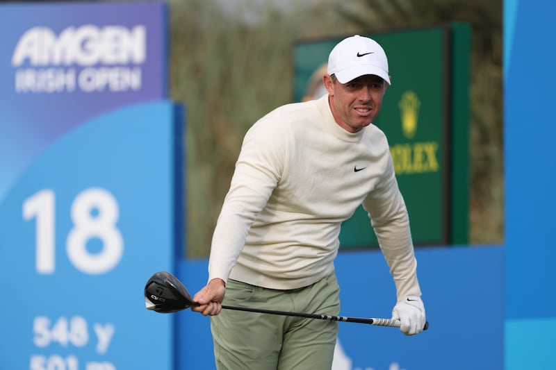 Rory McIlroy tees off on the 18th hole on day three of the Amgen Irish Open 2024 at Royal County Down in Newcastle, County Down. Picture date: Saturday September 14, 2024. PA Photo. See PA story GOLF Irish. Photo credit should read: Peter Morrison/PA Wire.

RESTRICTIONS: Use subject to restrictions. Editorial use only, no commercial use without prior consent from rights holder.