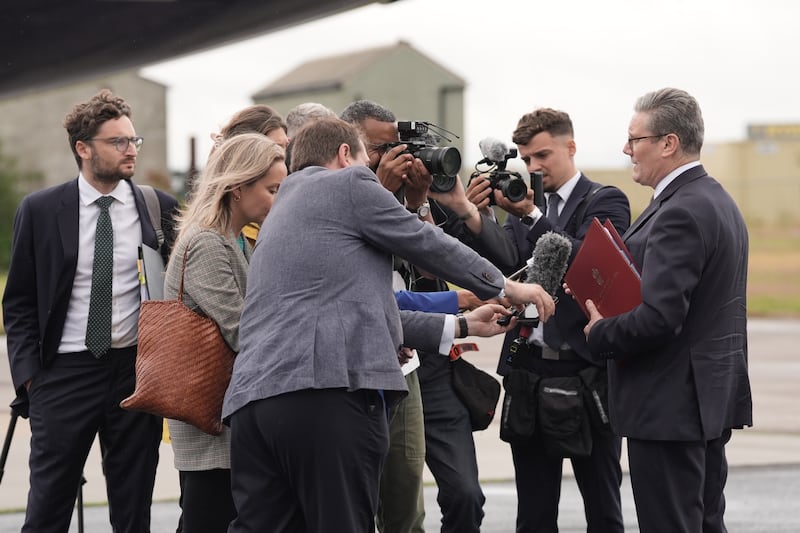 Prime Minister Sir Keir Starmer speaks to media, at Stansted Airport