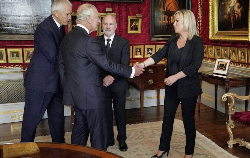 King Charles meeting Sinn F&eacute;in&#39;s Michelle O&#39;Neill and Alex Maskey at Hillsborough Castle last November. Picture by Niall Carson/PA Wire 