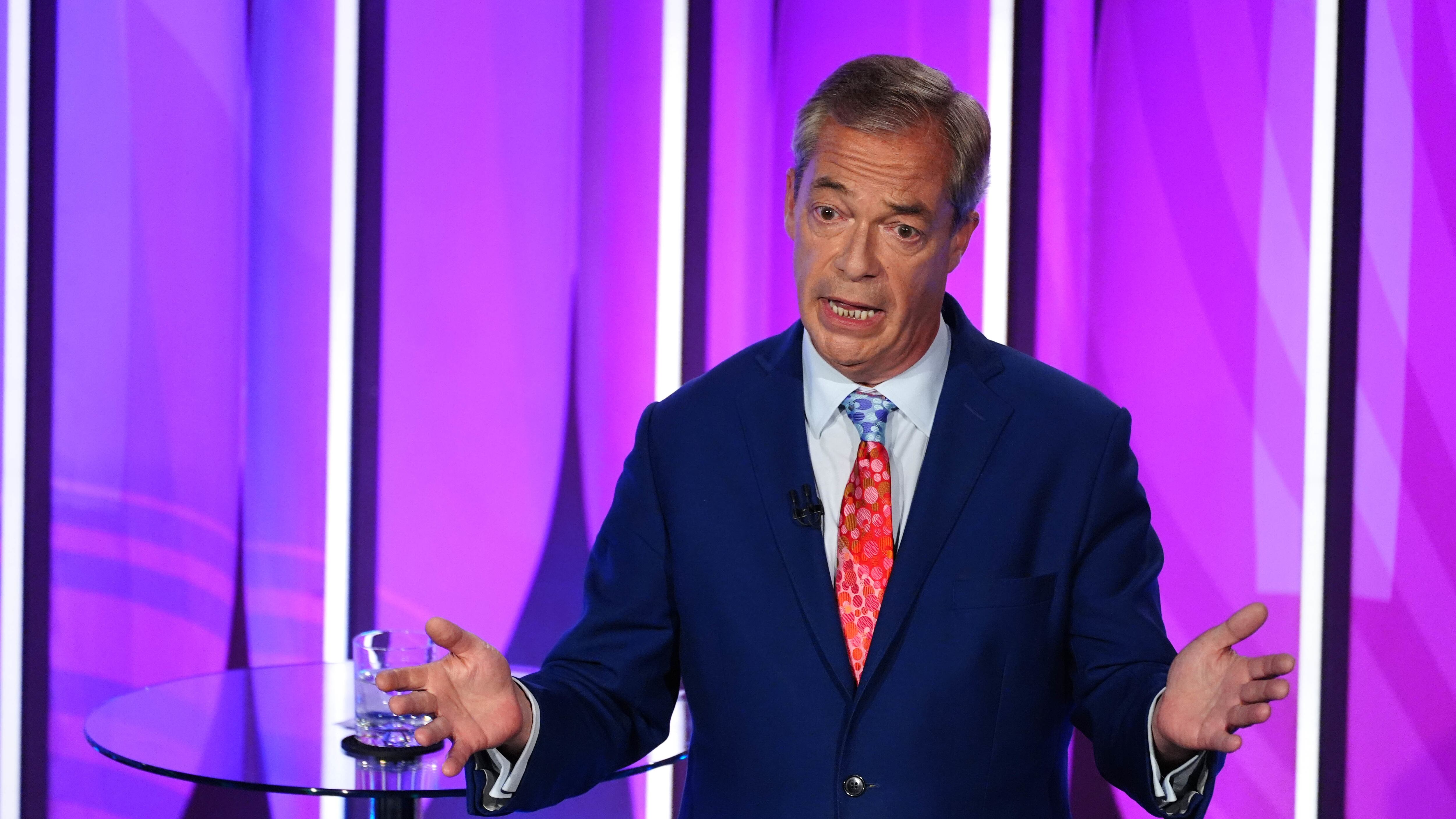 Reform UK leader Nigel Farage speaking during a BBC Question Time Leaders’ Special