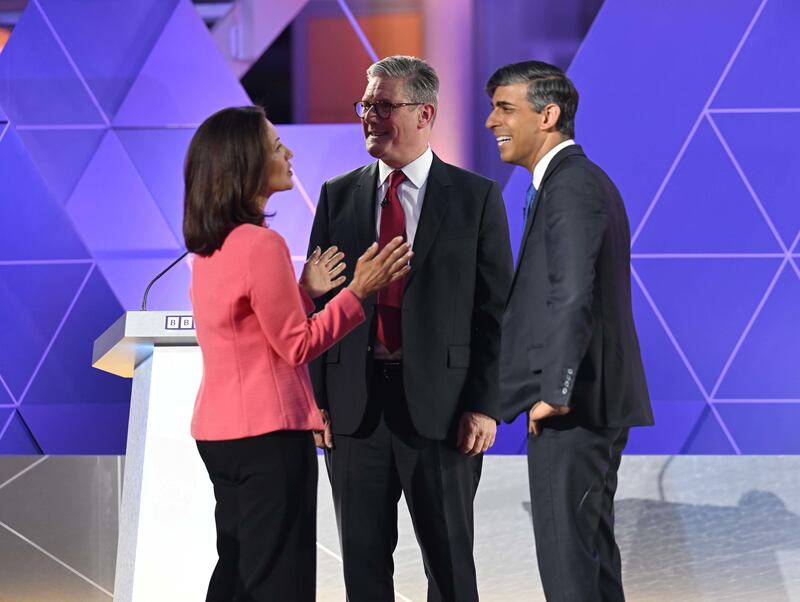 Mishal Husain with then-prime minister Rishi Sunak and Labour leader Sir Keir Starmer during the BBC head-to-head general election debate in June