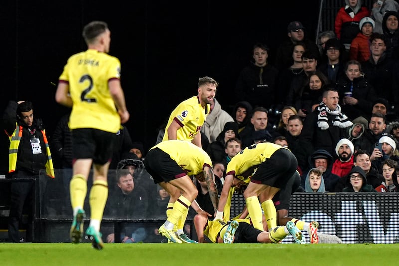 Sander Berge is congratulated by team-mates after scoring Burnley’s second