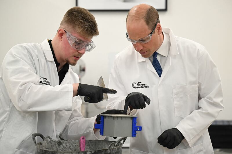 William is shown part of the low carbon concrete manufacturing process, during a visit to 2022 Earthshot Prize finalists Low Carbon Materials, in Seaham, County Durham (Oli Scarff/PA