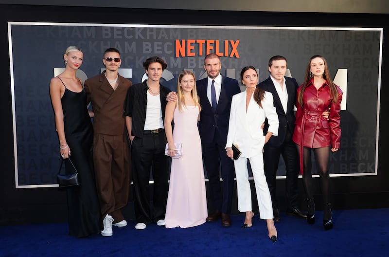 Mia Regan, Romeo Beckham, Cruz Beckham, Harper Beckham, David Beckham, Victoria Beckham, Brooklyn Beckham and Nicola Peltz at the 2023 premiere of Netflix’s documentary series Beckham.