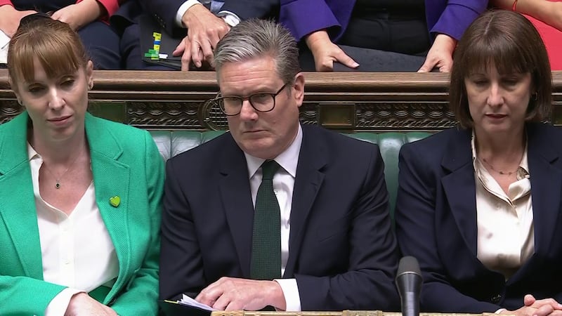 Deputy Prime Minister Angela Rayner, Prime Minister Sir Keir Starmer and Chancellor of the Exchequer Rachel Reeves listening as Conservative Party leader Rishi Sunak speaks during Prime Minister’s Questions in the House of Commons