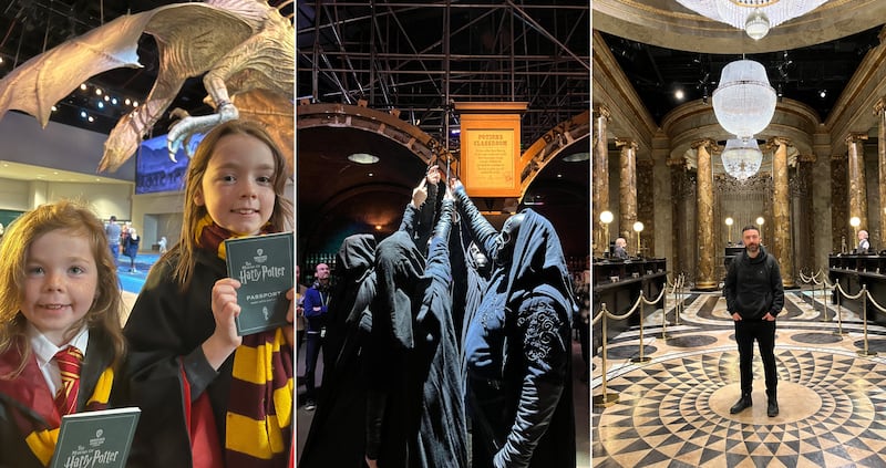 Making memories about making Harry Potter at the Warner Bros. Studio Tour London (L-R): Beth an Anna McAleer, some death eaters, and Ryan McAleer inside Gringotts Wizarding Bank.