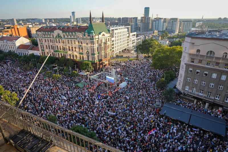 Thousands of people gathered in Belgrade for a rally against lithium mining in Serbia (Darko Vojinovic/AP)