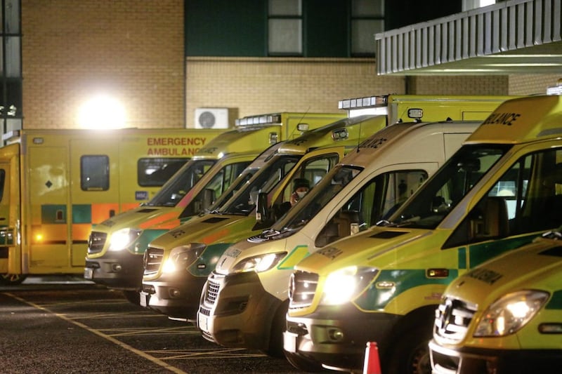 Ambulances queued up outside Antrim Area Hospital Picture Mal McCann. 