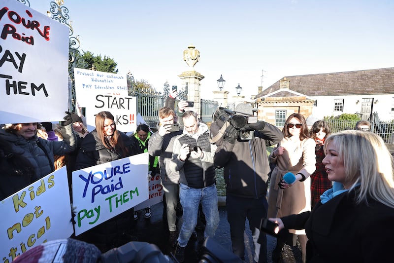 Sinn Fein vice-president Michelle O’Neill (right) speaks to protesters from the Colin Autism Support and Advice Group as they protest outside Hillsborough Castle on Monday