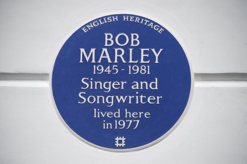 An English Heritage blue plaque for Bob Marley, at his former home in Oakley Street in Battersea, London