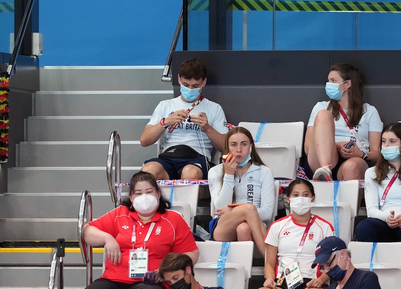 Daley knitting in the stands during the Tokyo Olympics three years ago