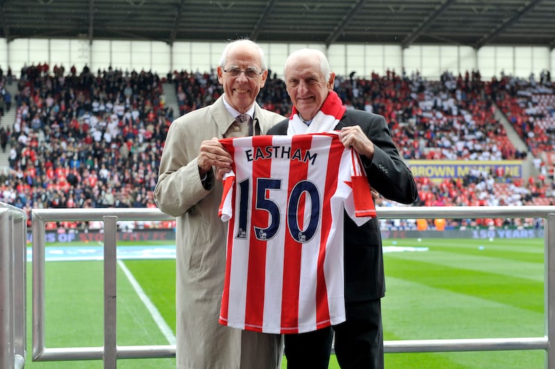 George Eastham (right) is awarded a Stoke shirt in honour of his career at the club