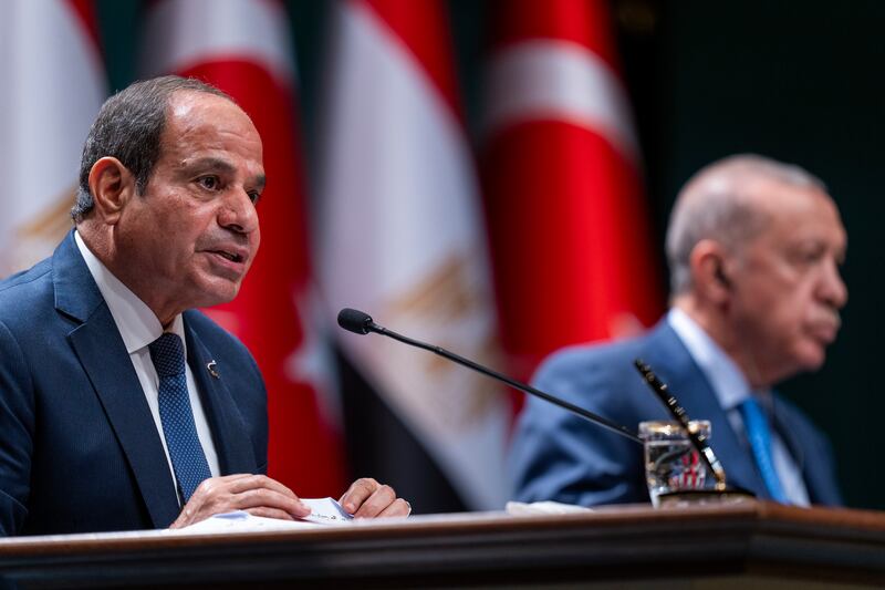 Egyptian President Abdel Fattah el-Sissi, left, with Turkish President Recep Tayyip Erdogan at the presidential palace in Ankara (Francisco Seco/AP)