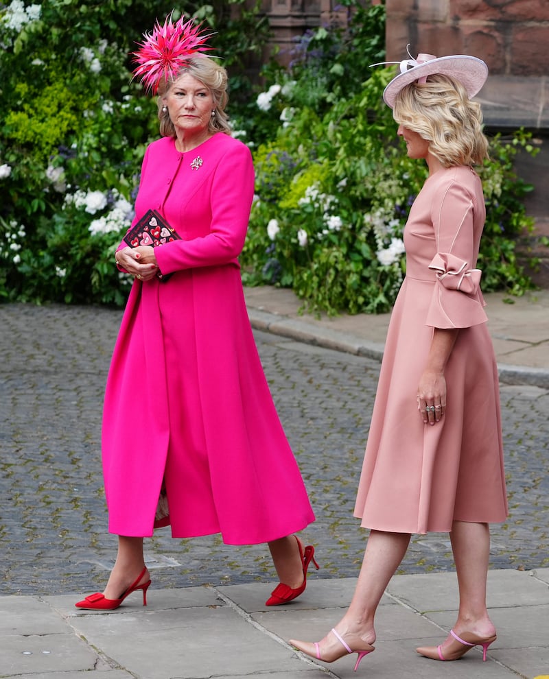 Natalia Grosvenor, Duchess of Westminster (left) and Lady Edwina Grosvenor arrive for the wedding of Hugh Grosvenor, the Duke of Westminster, to Olivia Henson at Chester Cathedral