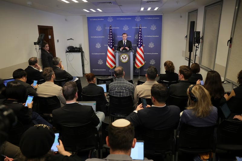 Jake Sullivan speaking during a news conference in Tel Aviv, Israel (Abir Sultan/Pool via AP)