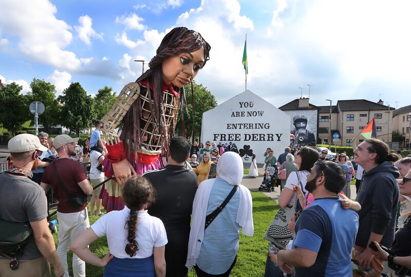 Little Amal at Free Derry Corner in the Bogside area of Derry during her visit to the city on Monday. Picture Margaret McLaughlin  20-5-2024