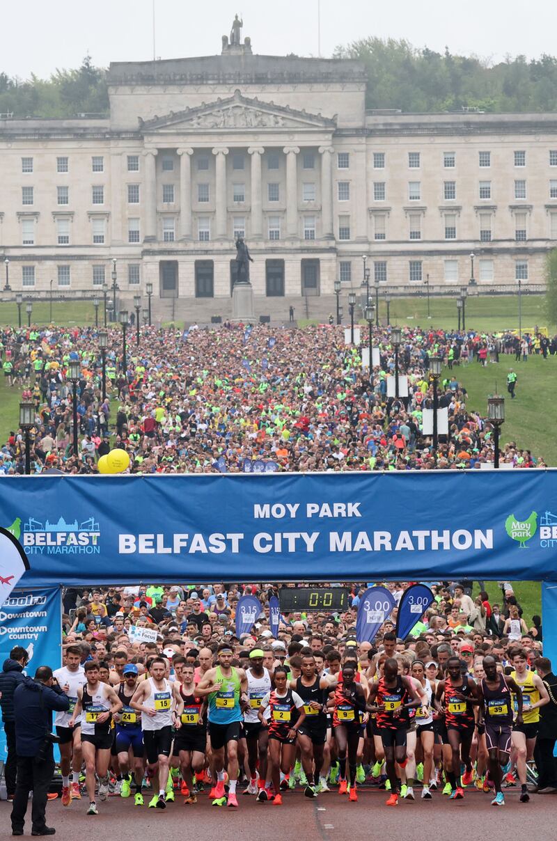 Runners take part in the Belfast City marathon from Stormont.
PICTURE COLM LENAGHAN