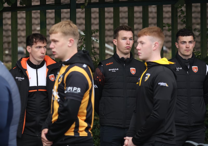 Armagh’s Niall Grimley at the Funeral of  Crossmaglen Rangers player Caolan Finnegan on Monday, Caolan received a lap of honour at Crossmaglen ground before the funeral at St Patrick’s Church.
PICTURE COLM LENAGHAN