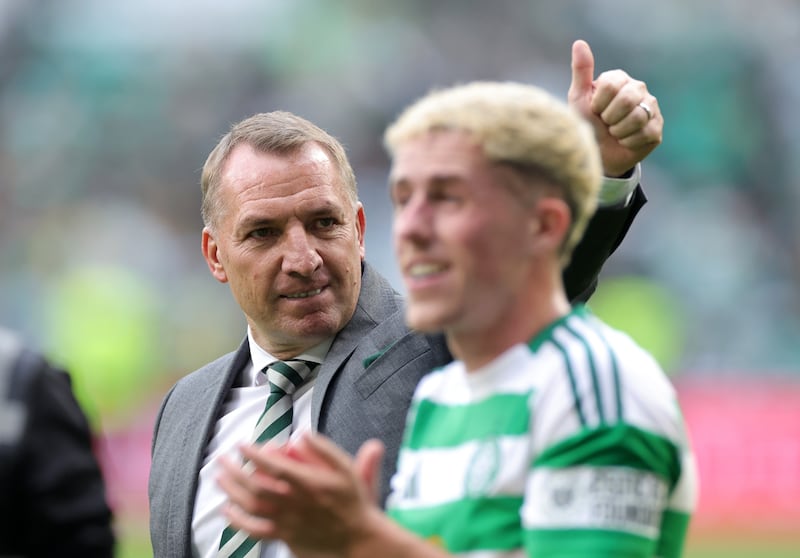 Brendan Rodgers, left, celebrates at full-time